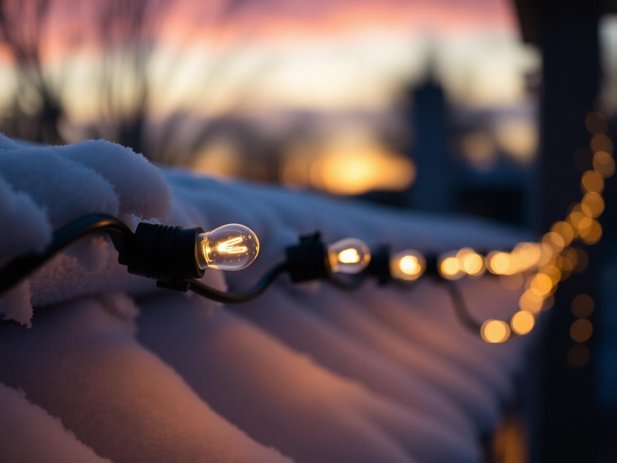 Close-up warm white bulbs on snowy roofline